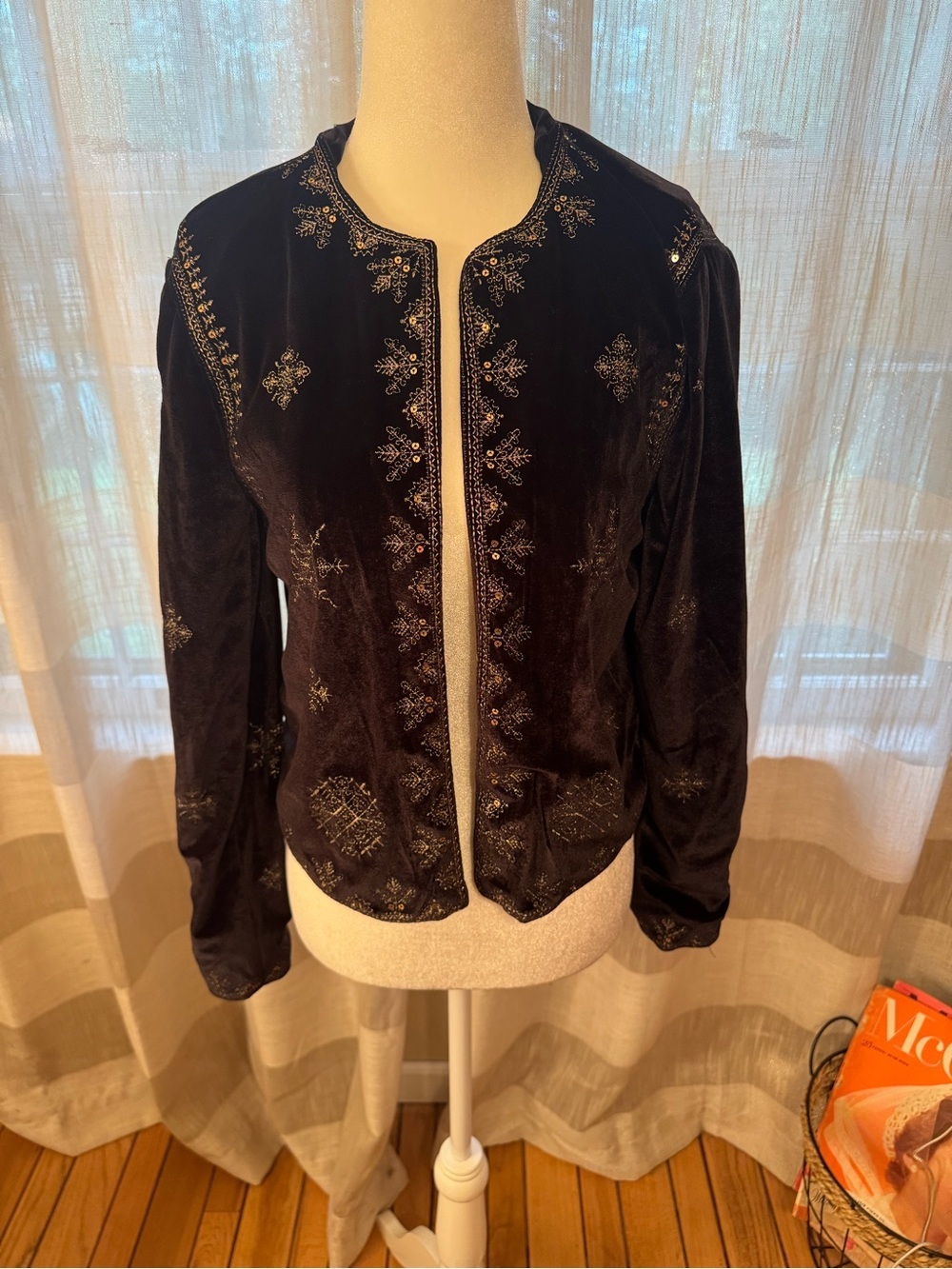 Christian Siriano Black Velvet Embroidered Open Jacket